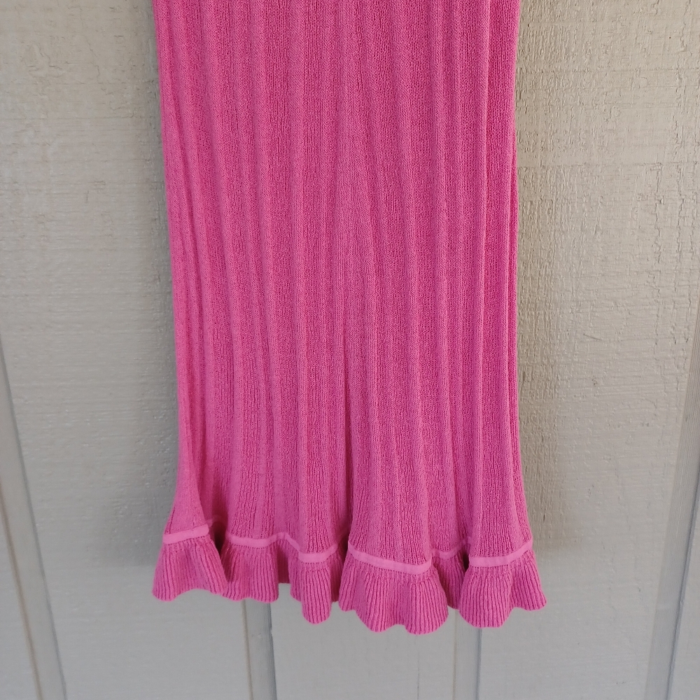 Ganni Ruffle Knit Midi Skirt Size M Women Preppy Linen Blend Pull On In Pink - Picture 4 of 15
